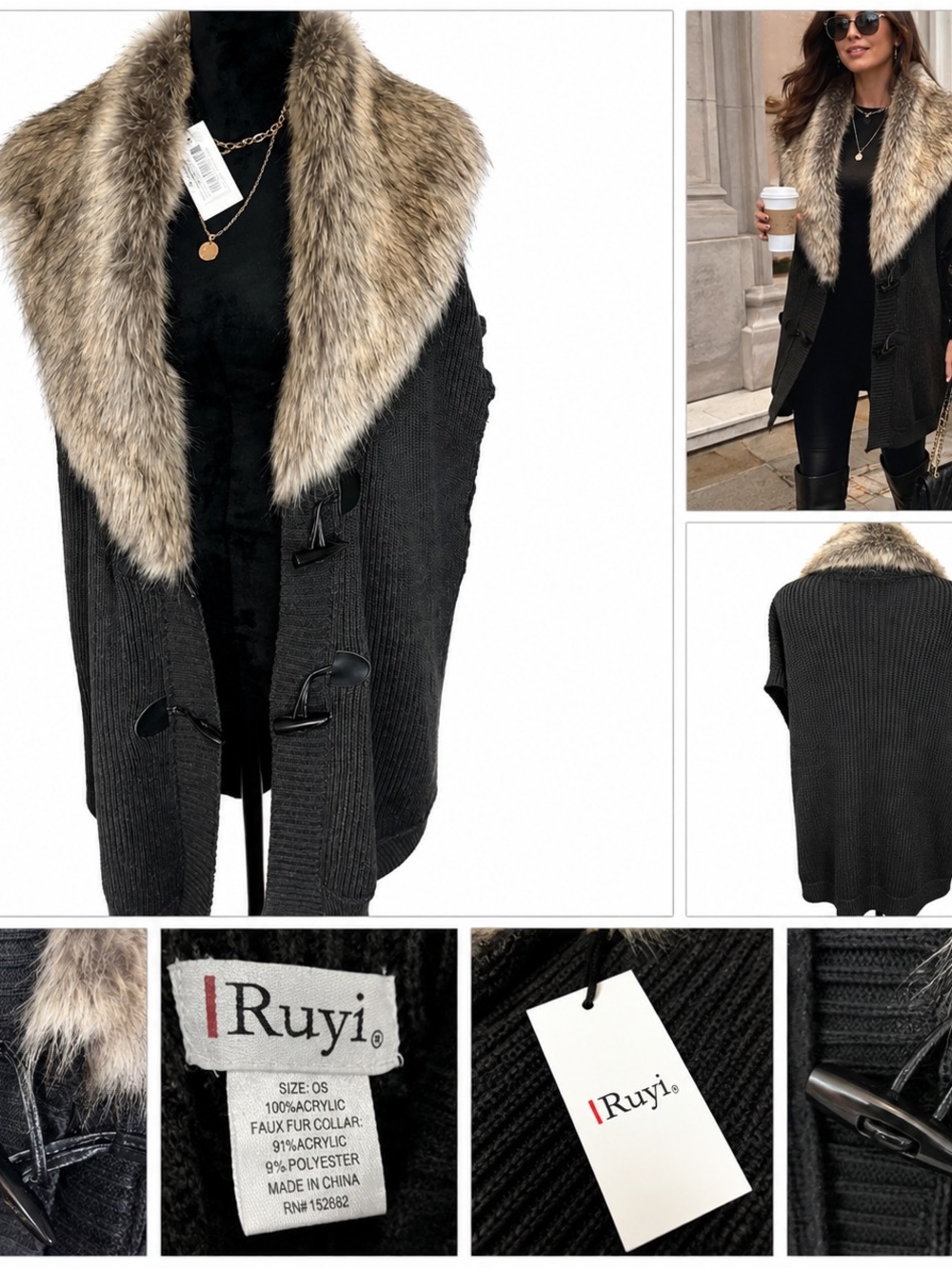Ruyi Knit Cardigan with Faux Fur Collar